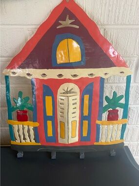 Haitian Metal Drum Tropical Hand-Painted House Wall Art with Hooks 14”w X 17”h